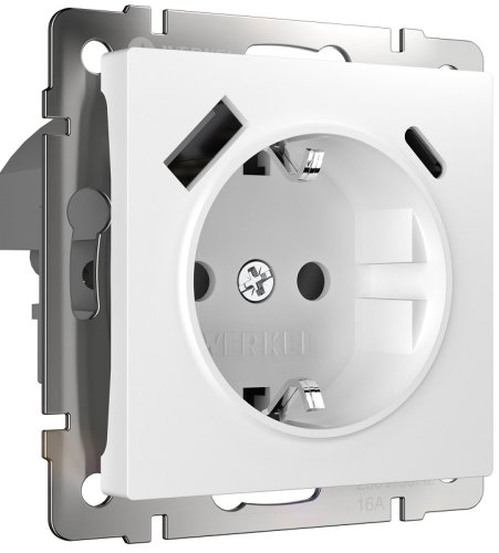 Розетка с заземлением +2хUSB тип A+С без рамки Werkel 1-м. шторки белый глянцевый картинка